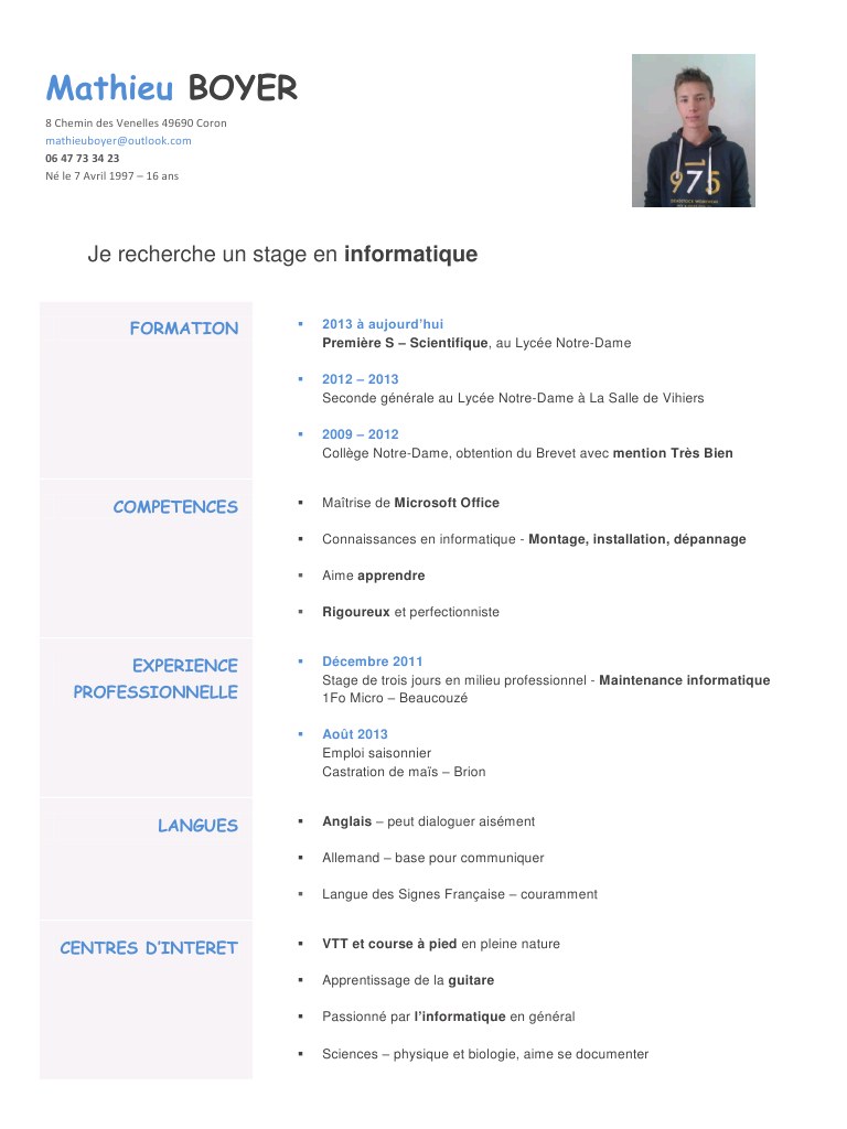 Exemple De Cv Demande De Stage YXOMDR